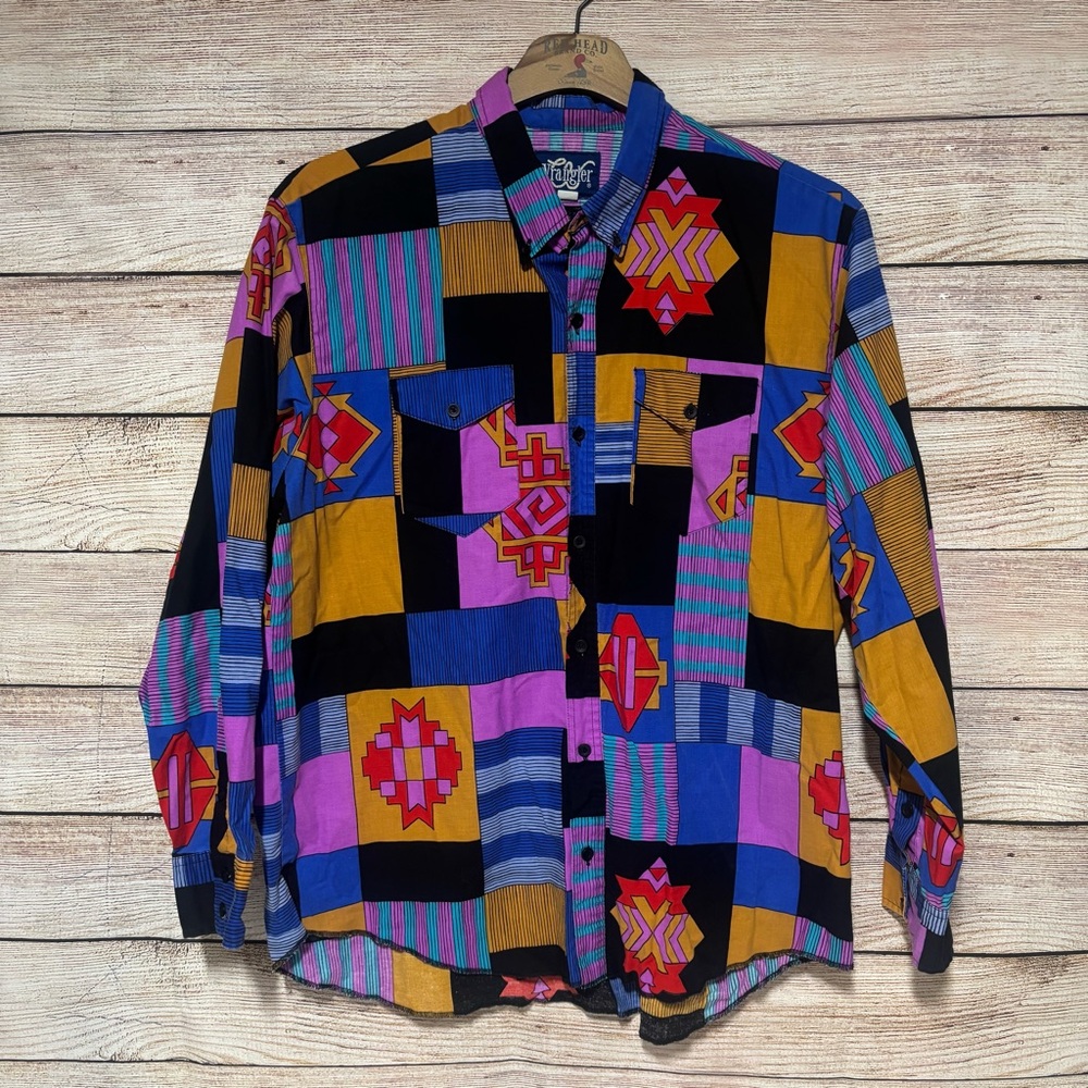 Vintage Wrangler Colorful Patchwork Button Up Shirt Size XXL